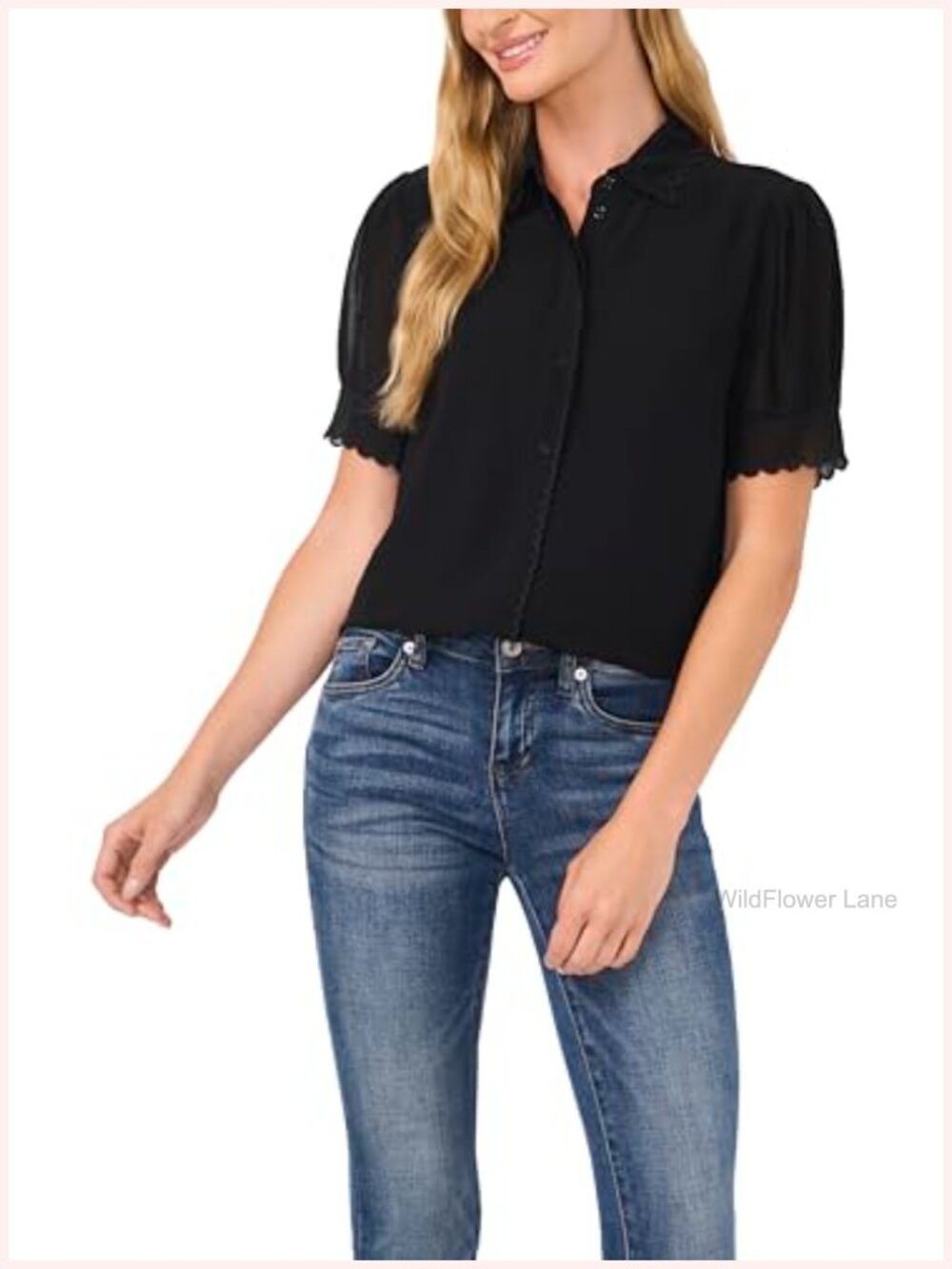 Short Sleeve Scallop Trim Button Up Top